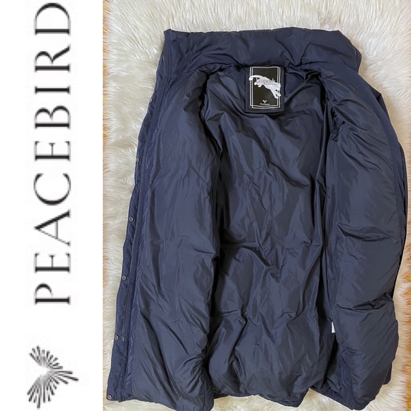 EUC PEACEBIRD midi length down puffer parka coat with hidden hood, navy blue - Picture 14 of 16